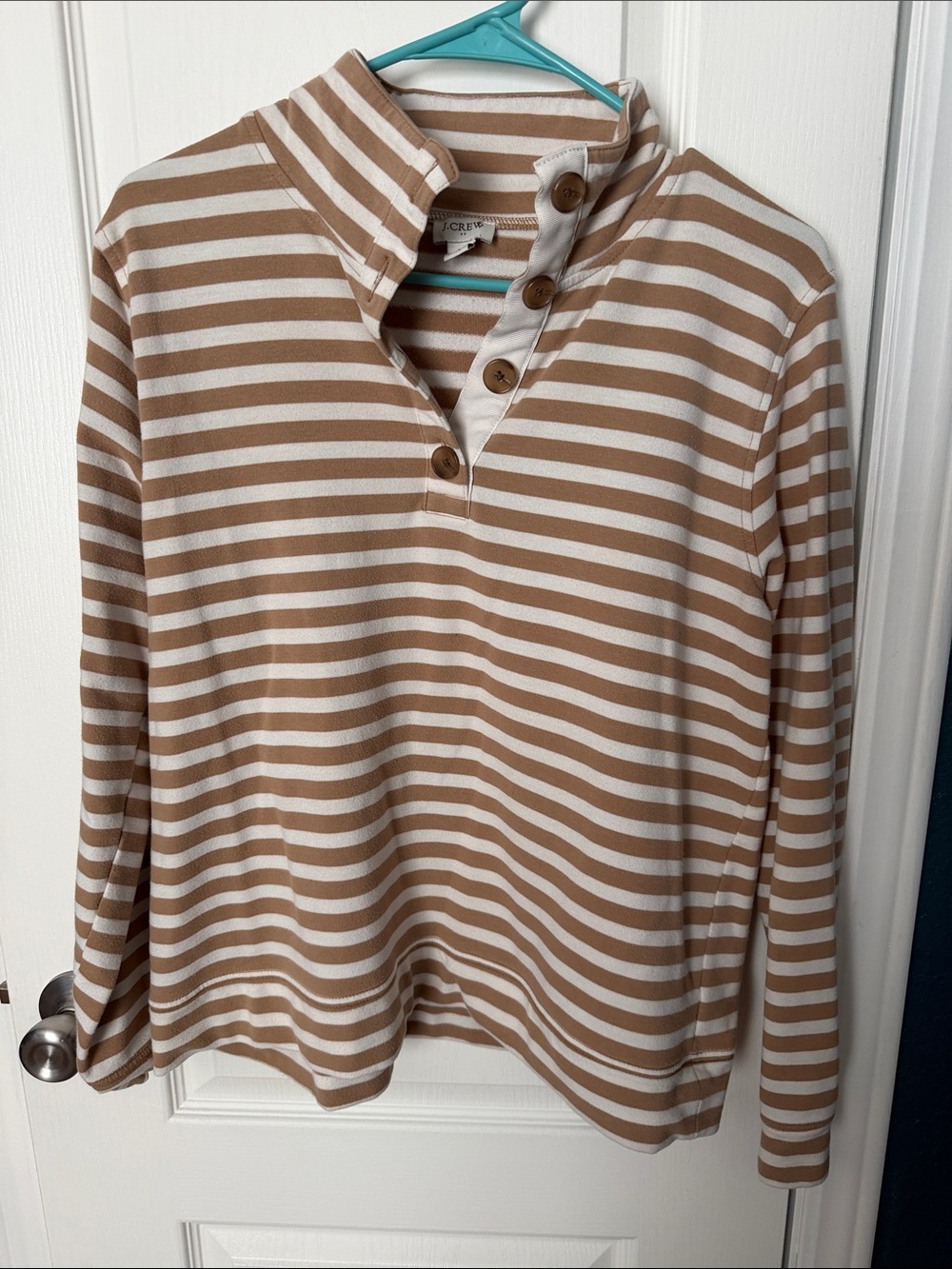 J. Crew Tan and White Striped Button-Front Pullover